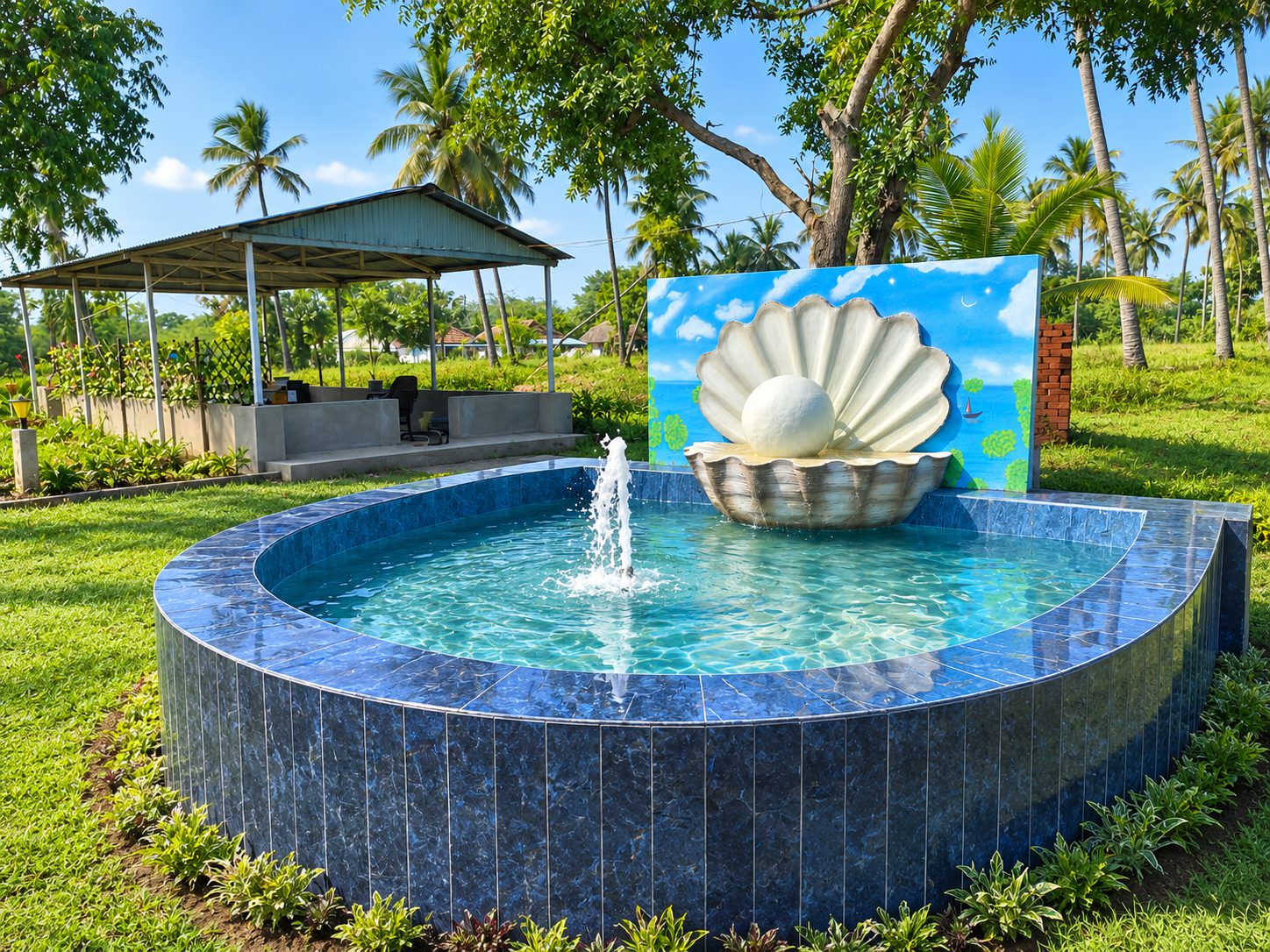 The fountain in the garden — a shell and pearl on a blue-tiled pool, palms behind