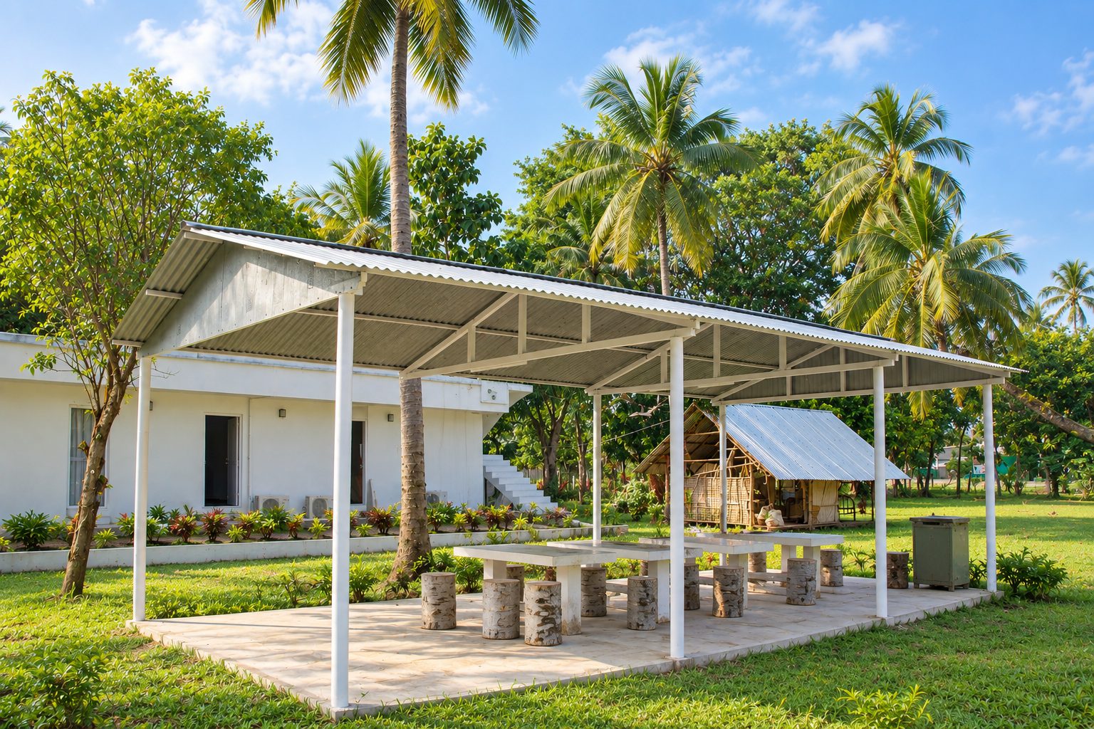 The open-sided party hall in the garden — a roofed pavilion with long tables and log stools under the palms